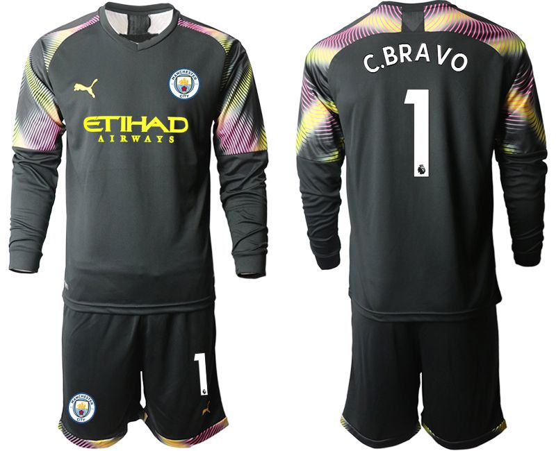 Men 2019-2020 club Manchester City black goalkeeper Long sleeve #1 Soccer Jerseys
